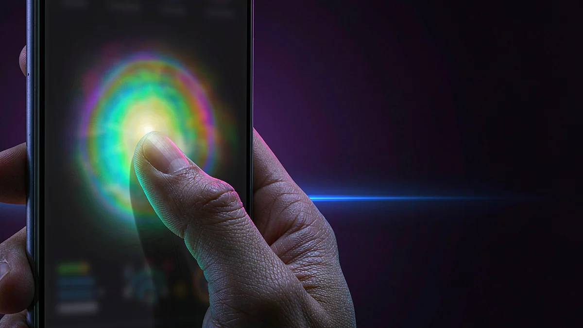 Finger touching a glowing circle on a phone screen
